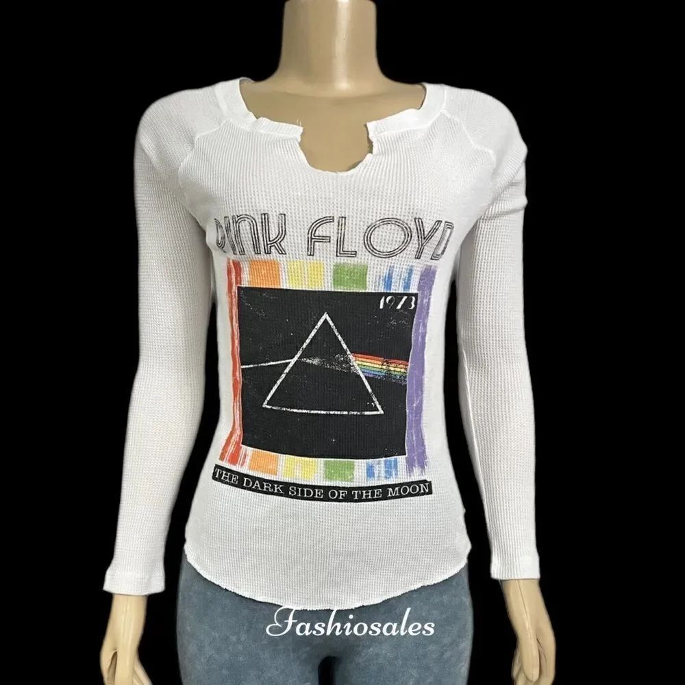 Victorias Secret Pink Knit Riot PINK FLOYD Split Neck Thermal Top White Xs